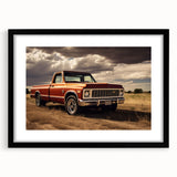 Extra large abstract art print featuring colorful, textured trucks on a black framed canvas, ideal for living room decor.