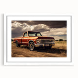 Abstract art print of colorful trucks in a geometric style on a white framed mat, suitable for dining room decor.