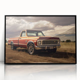 Large abstract wall art featuring colorful trucks in mid-century modernist style on black acrylic.