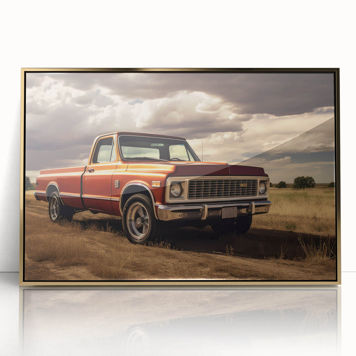 Mid-century modernist art of colorful trucks on a gold-framed acrylic print, suitable for nursery wall art.