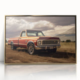 Mid-century modernist art of colorful trucks on a gold-framed acrylic print, suitable for nursery wall art.