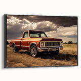 Black and white vintage poster art of trucks on framed canvas, ideal for bedroom wall decor.