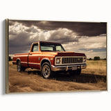 Framed canvas wall art featuring a vintage poster of black trucks in a landscape setting, ideal for bedroom decor.