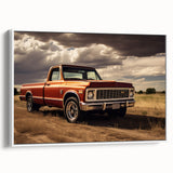 Vintage poster art of colorful trucks on a black background, framed canvas, ideal for living room decor.