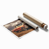 Extra large rolled print featuring a collection of vintage trucks in muted earth tones.