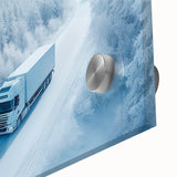 Large abstract wall art featuring mid-century modernist trucks in muted earth tones on acrylic glass.