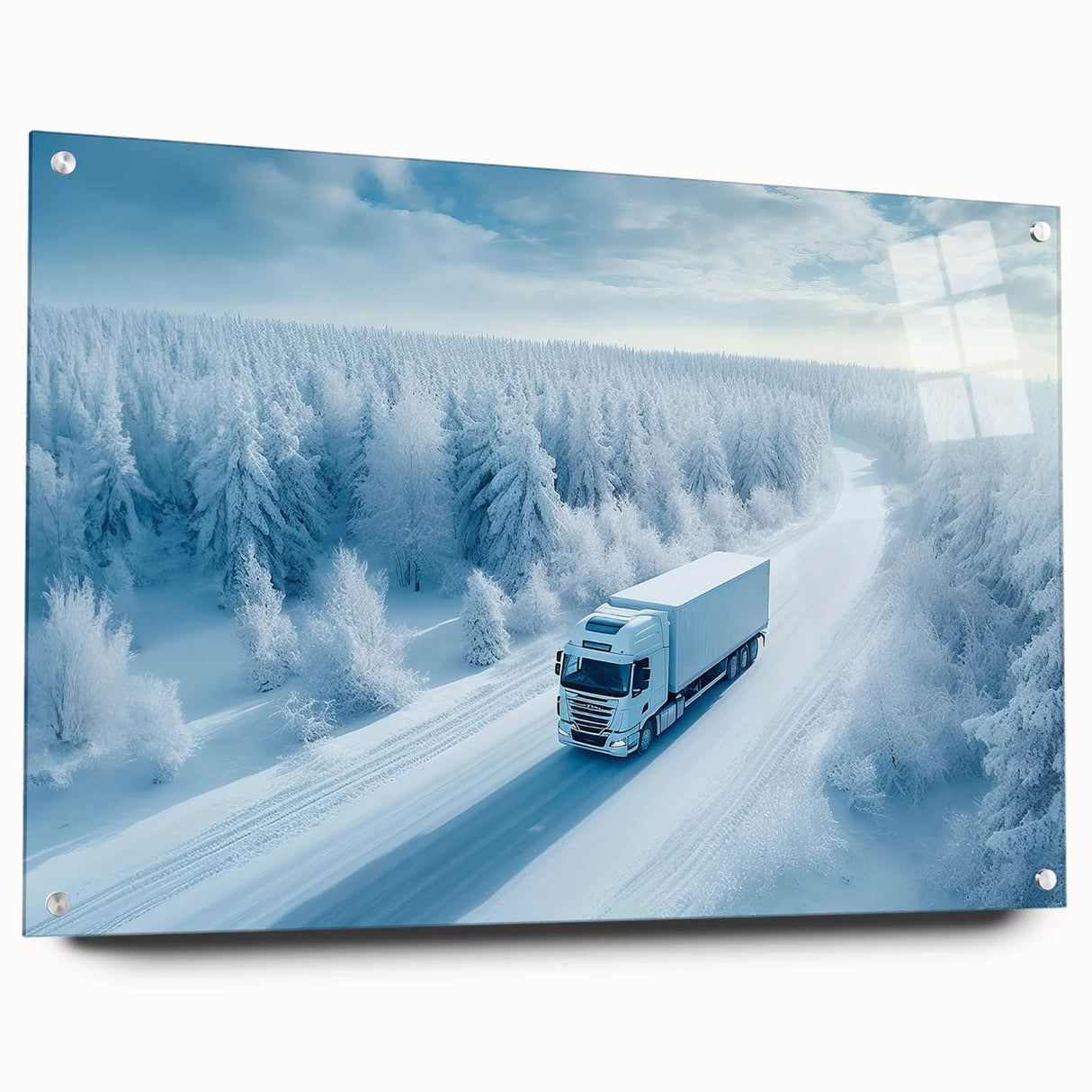 Side view of a truck in vivid blue and red on acrylic glass, ideal for dining room or bedroom wall art.