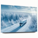 Acrylic print of large abstract trucks in bold orange and gray tones, suitable for bedroom or dining room decor.