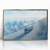 Framed acrylic print of vintage trucks in muted earth tones, ideal for nursery wall art or modern decor.