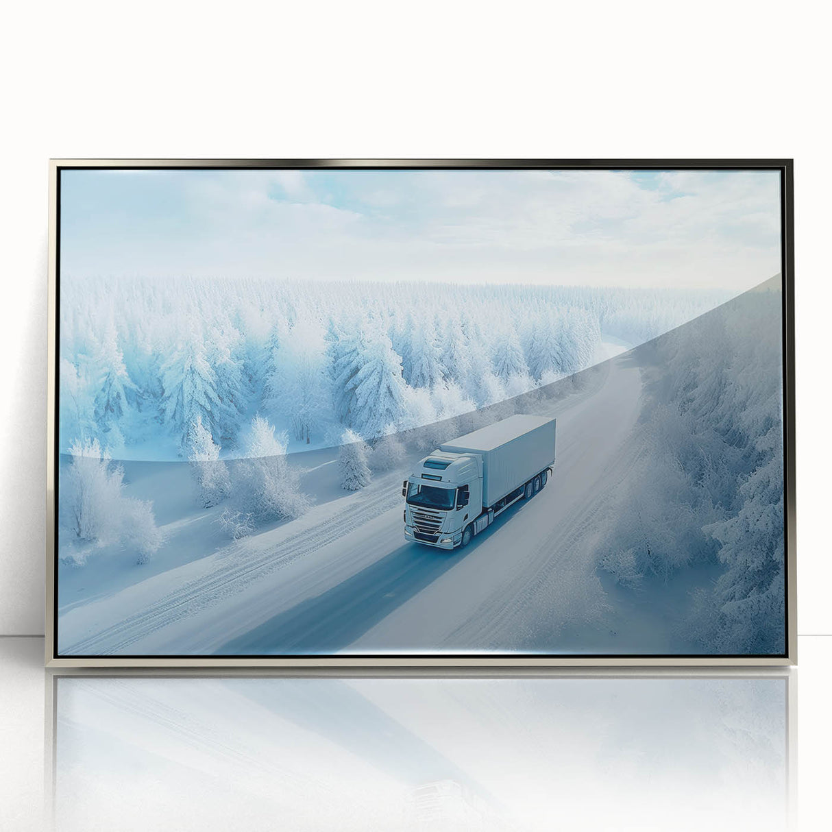 Mid-century modernist art deco poster featuring colorful trucks, in a silver-framed acrylic, ideal for nursery wall art.
