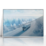 Art deco poster of colorful trucks in geometric style, acrylic print in white frame, ideal for nursery wall decor.