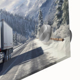 Large abstract wall art featuring assorted trucks in mid-century modernist style on acrylic, with bold colors.