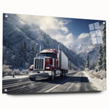 Acrylic print of a side view of various trucks in vibrant colors, suitable for dining room or bedroom decor.