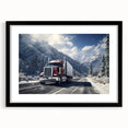 Abstract art print of colorful, textured trucks on a large canvas, framed in black, ideal for living room decor.