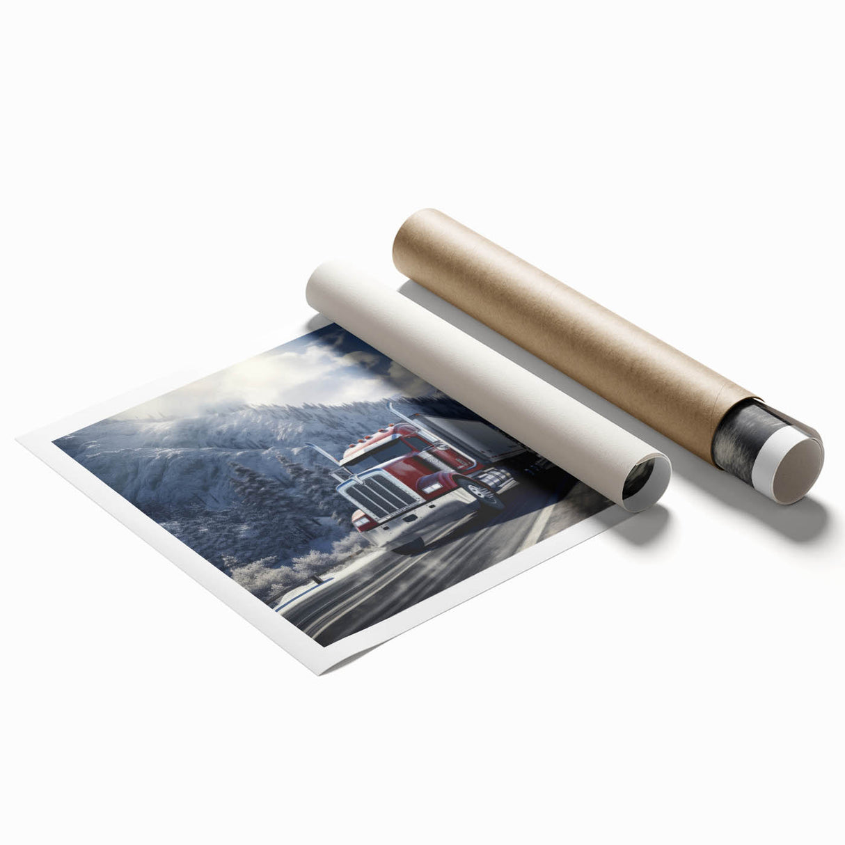 Extra large rolled print featuring a collection of vintage trucks in muted earth tones, ideal for large living room wall art.