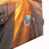 Mid-century modernist art featuring abstract trucks, large art print on acrylic, with vibrant colors.