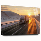 Acrylic print of a series of trucks in a minimalistic style, using cool gray and blue tones.