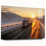 Acrylic print of abstract trucks in muted gray and blue, ideal for modern bedroom or dining room decor.