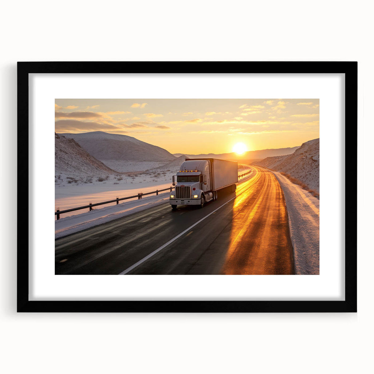 Extra large abstract art print featuring colorful, textured trucks on a black framed canvas, ideal for living room decor.