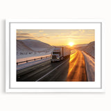 Abstract art print of colorful trucks in pastel hues on a white framed canvas, suitable for dining room decor.