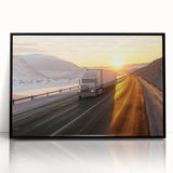 Large abstract wall art featuring various stylized trucks in black and white on a framed acrylic.