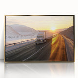 Framed acrylic print of colorful mid-century modernist trucks, ideal for nursery wall art.