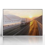 Art deco poster of stylized trucks in bold black and white, framed acrylic, ideal for nursery wall decor.