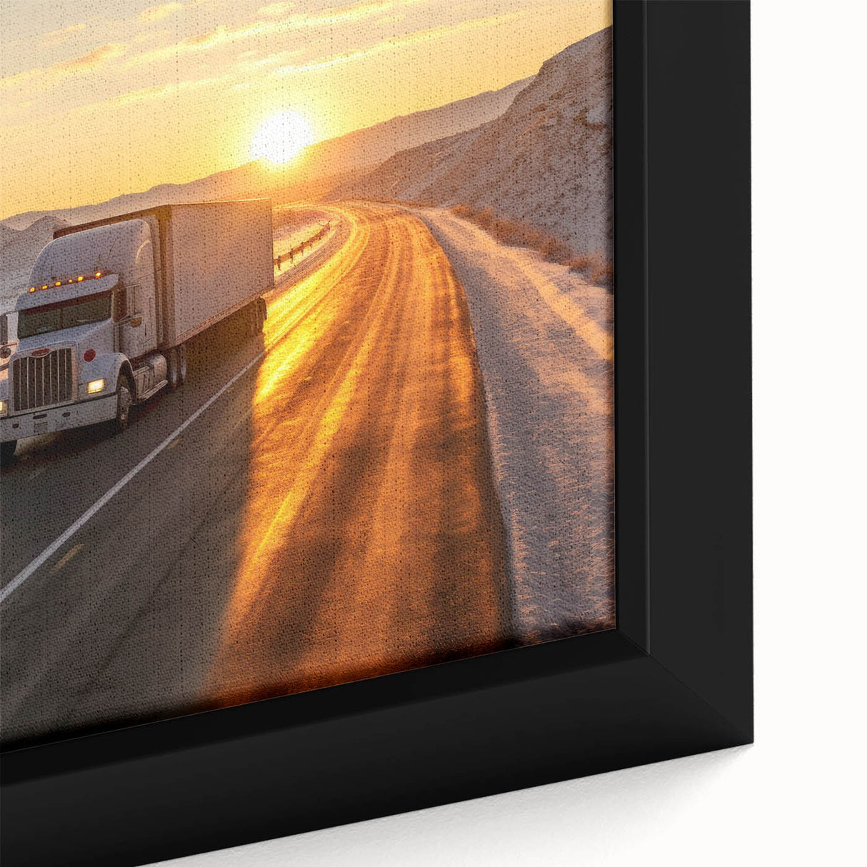 Framed canvas featuring a close-up of colorful, textured trucks on a black background.