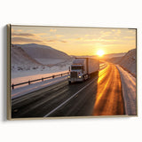 Framed canvas featuring a vintage poster of black trucks in a landscape, ideal for bedroom wall art.