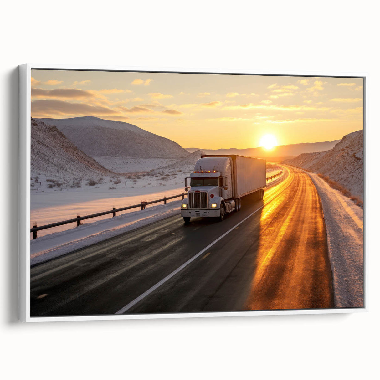 Framed canvas of a vintage poster featuring a side view of colorful trucks, ideal for extra large living room wall decor.