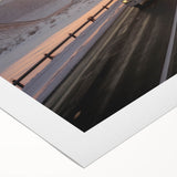 Art deco poster featuring streamlined trucks in muted metallic colors on rolled canvas, suitable for dining room decor.