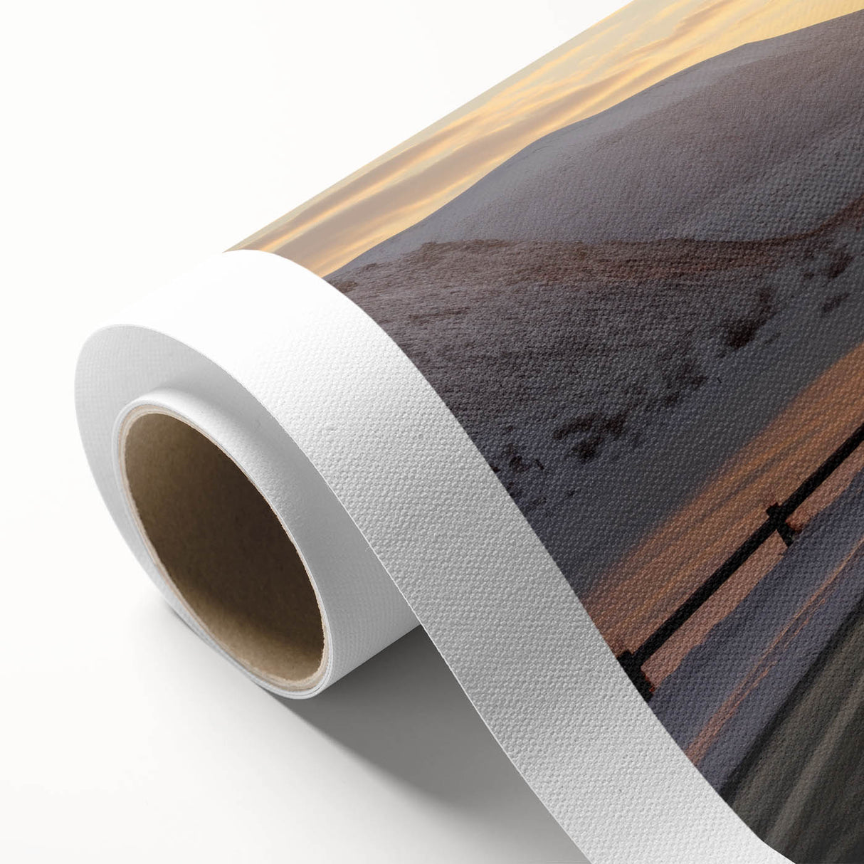 Art deco style poster of colorful trucks on a rolled canvas, ideal for nursery wall art.
