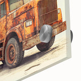 Mid-century modernist art featuring abstract trucks in muted earth tones on acrylic glass, ideal for dining room art.