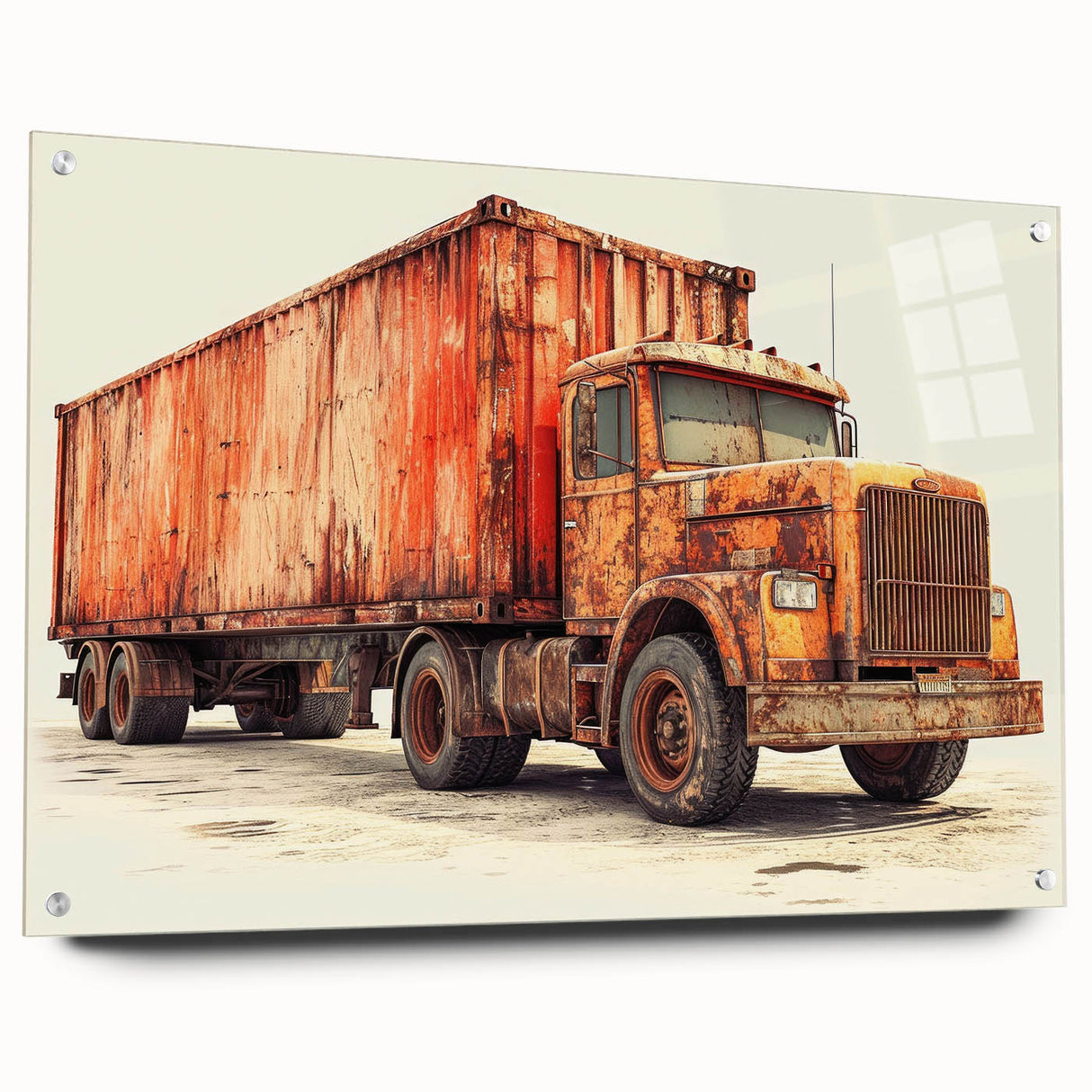 Acrylic print of abstract trucks in gray and blue tones, suitable for bedroom or dining room decor.