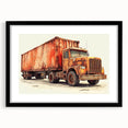 Extra large abstract art print with colorful, textured trucks design on a black framed canvas, ideal for living room decor.