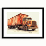 Extra large abstract art print with colorful, textured trucks design on a black framed canvas, ideal for living room decor.