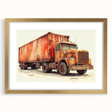 Extra large abstract art print of stylized trucks in muted earth tones on a gold-framed canvas.