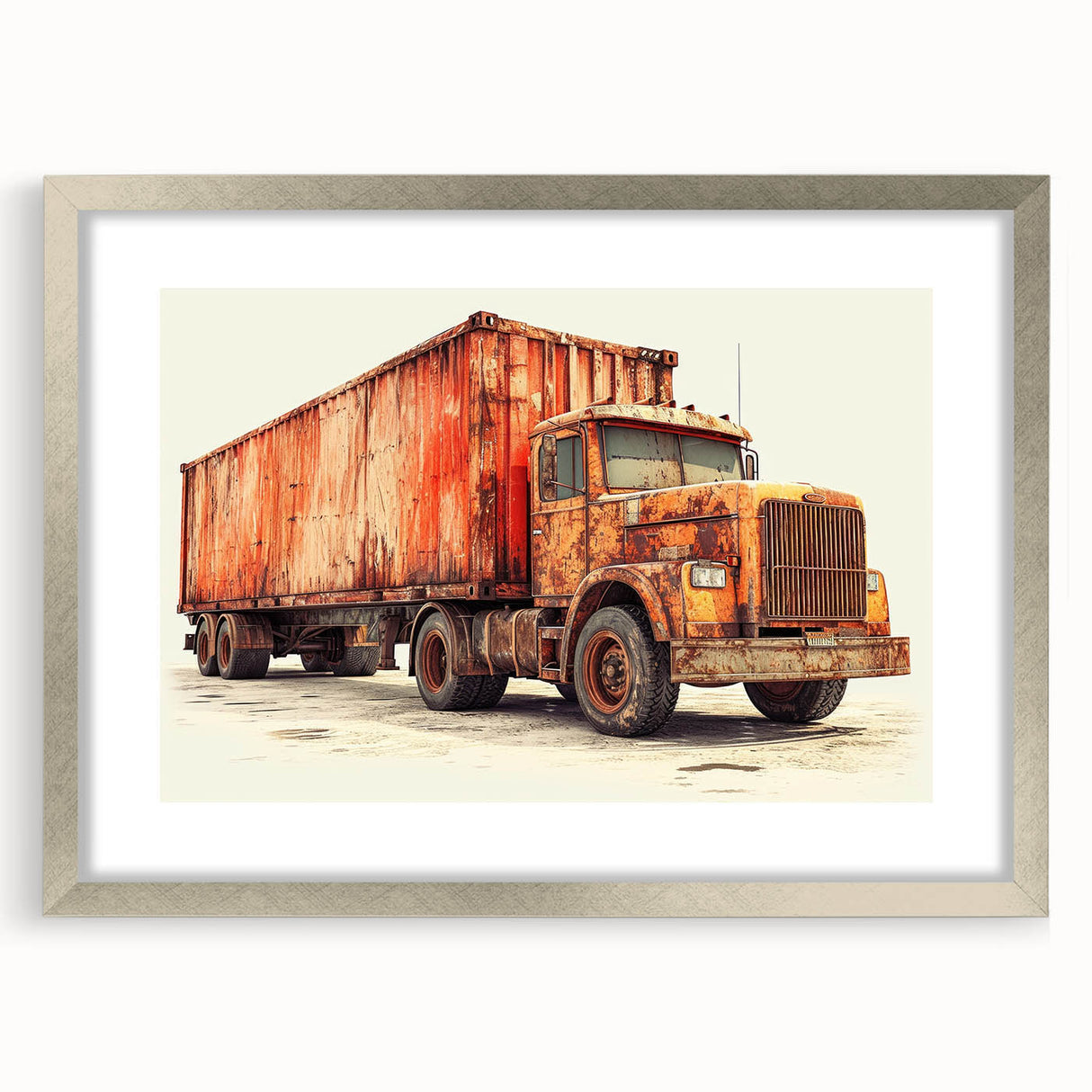 Textured abstract art print of trucks in muted gray and blue tones on a framed canvas, suitable for bedroom art.