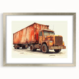 Textured abstract art print of trucks in muted gray and blue tones on a framed canvas, suitable for bedroom art.