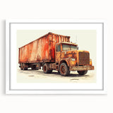 Abstract art print of colorful trucks on a white framed canvas, suitable for dining room decor.