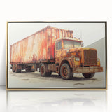 Mid-century modernist art of colorful trucks on a gold acrylic frame, suited for nursery wall decor.