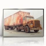Mid-century modernist art depicting colorful trucks in acrylic, framed in silver, suitable for nursery wall decor.