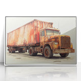 Art deco poster of stylized trucks in muted blue and gray tones, framed acrylic, ideal for nursery wall decor.