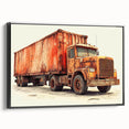 Black and white vintage poster art of trucks on framed canvas, ideal for bedroom wall decor.