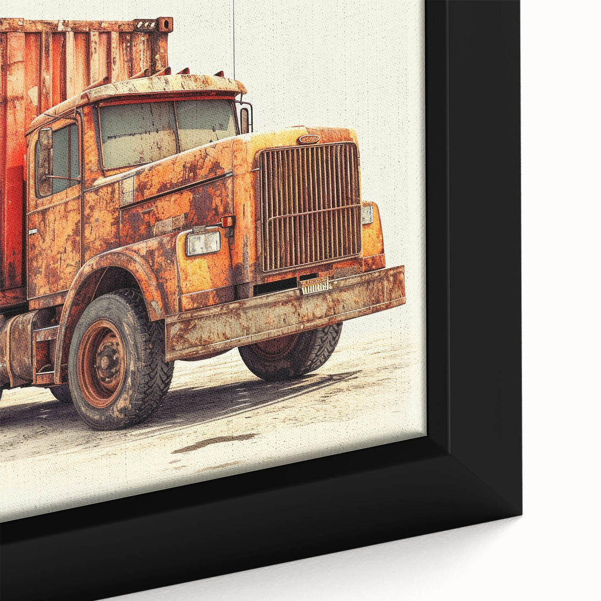 Extra large framed canvas with textured, colorful art of trucks, ideal for living room decor.