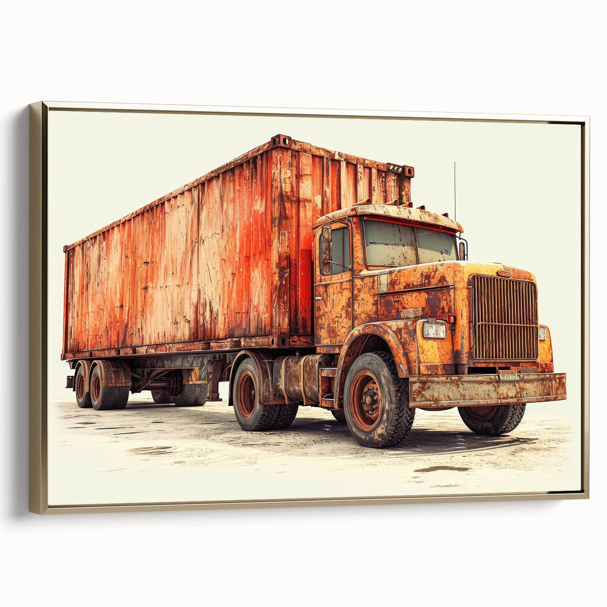 Framed canvas featuring a vintage poster art of black trucks in a landscape, ideal for bedroom wall decor.