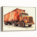Framed canvas featuring a vintage poster art of black trucks in a landscape, ideal for bedroom wall decor.