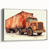 Framed canvas featuring vintage trucks in a black and colorful landscape, ideal for office decor.