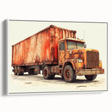 Vintage poster art of colorful trucks, printed on framed canvas, ideal for extra large living room wall decor.