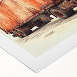 Art deco poster featuring a lineup of vintage trucks in muted earth tones on rolled canvas, suitable for dining room decor.